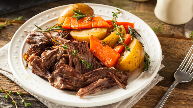 Pot roast and vegetables on a plate