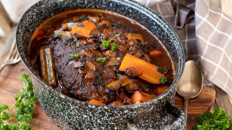 Meatloaf in a pot with veggies