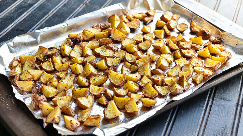 Roasted potatoes on baking sheet