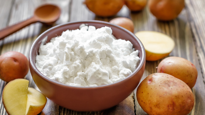 Bowl of potato starch with spoon