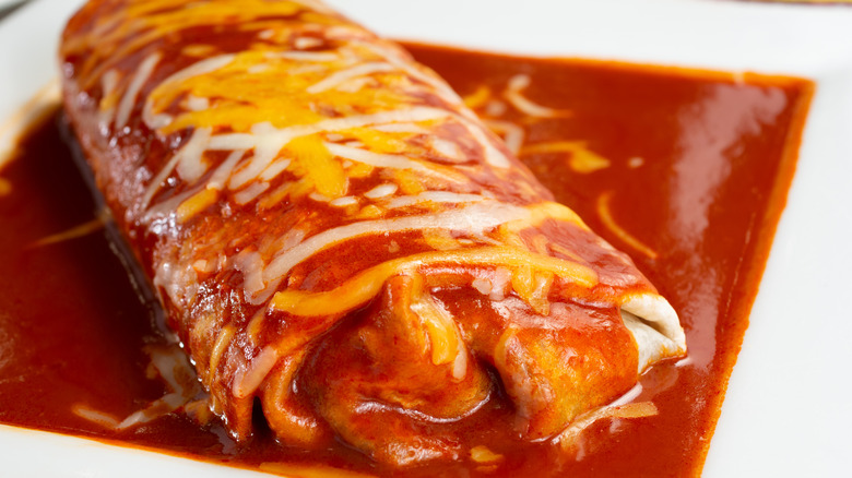 wet burrito with red sauce and cheese