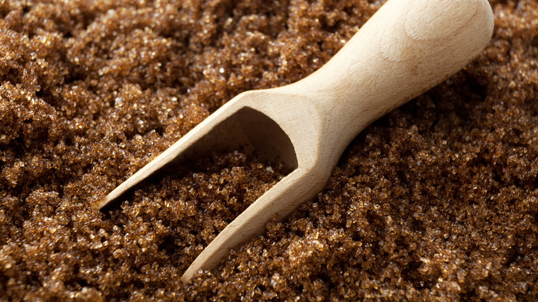 Brown sugar with wooden scoop