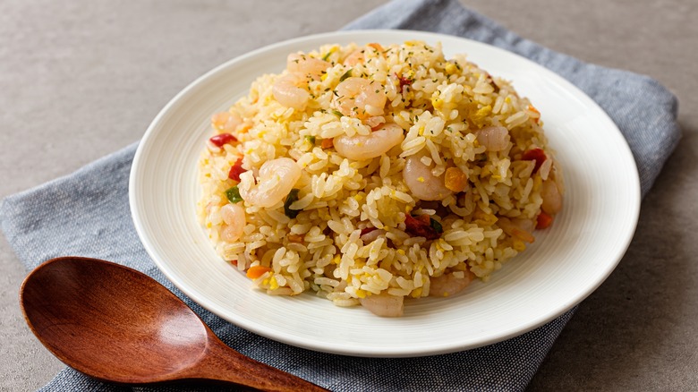 Shrimp fried rice on white plate