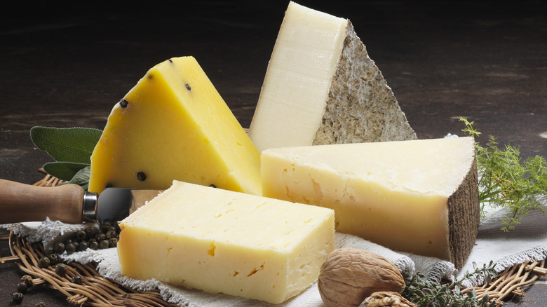 assorted cheeses on display