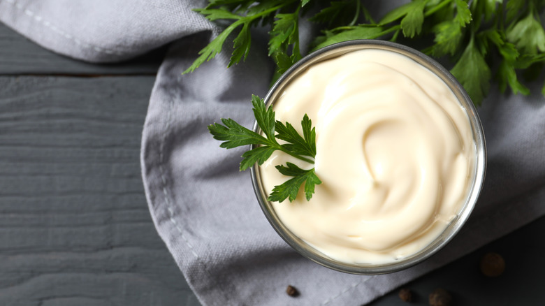 bowl of mayonnaise with parsley