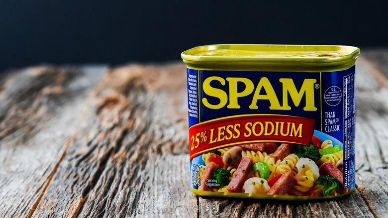 Can of Spam on wooden counter