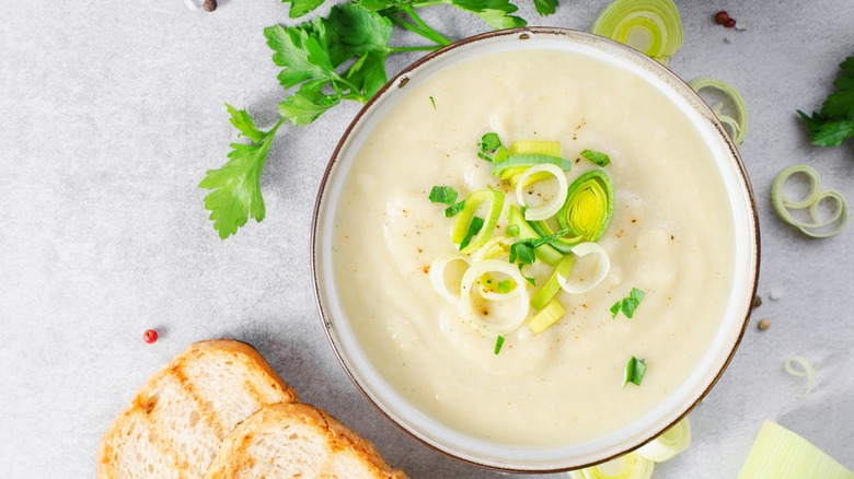 Bowl of creamy potato-leek soup