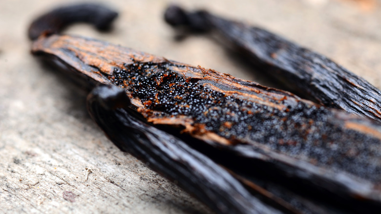 open vanilla bean pods with seeds