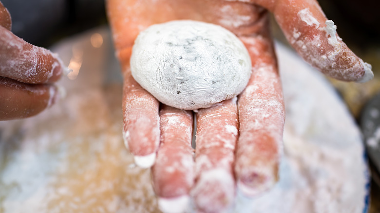 Person holding raw mochi dough