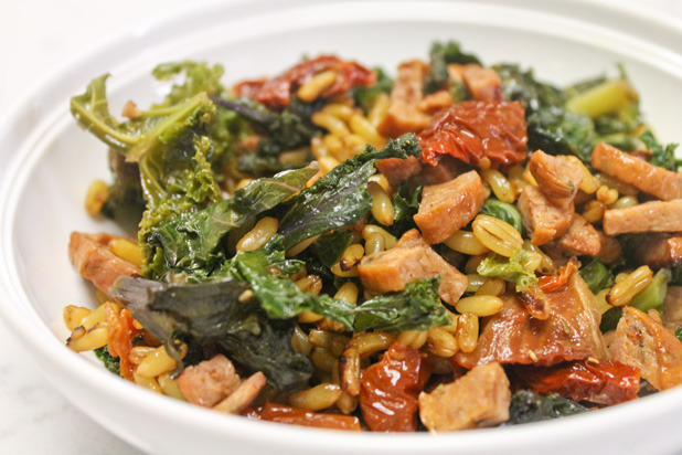 Kamut with Andouille Chicken and Turkey Sausage, Sun-Dried Tomatoes, and Kale