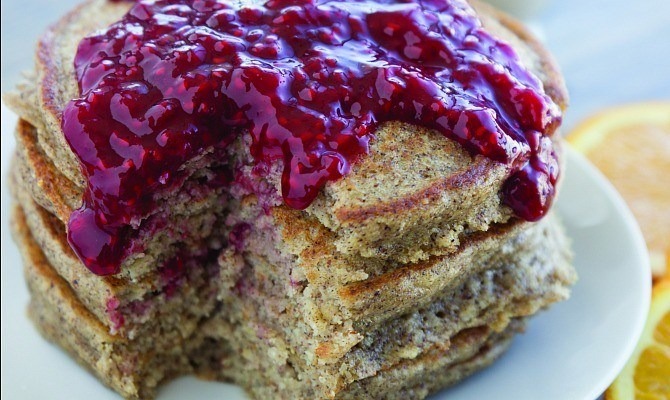 Quinoa Pancakes with Raspberry Orange Syrup