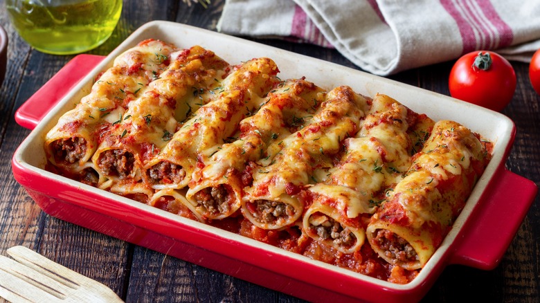 Casserole dish of cannelloni