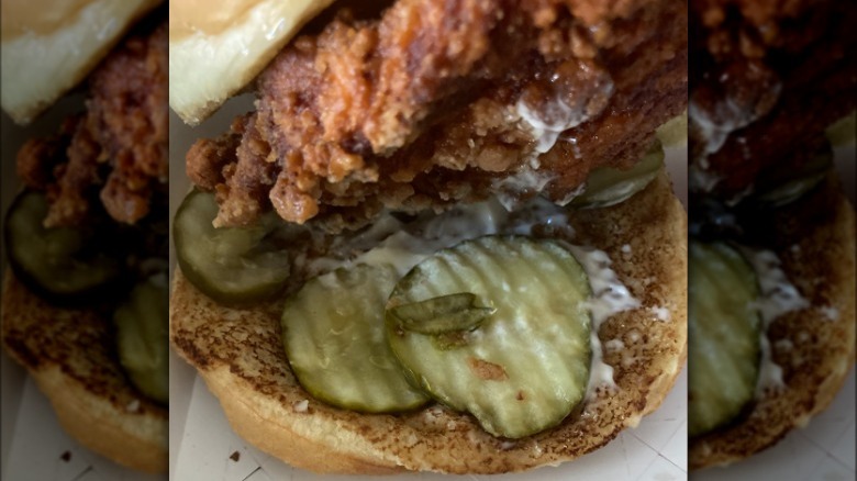 A chicken sandwich with pickles