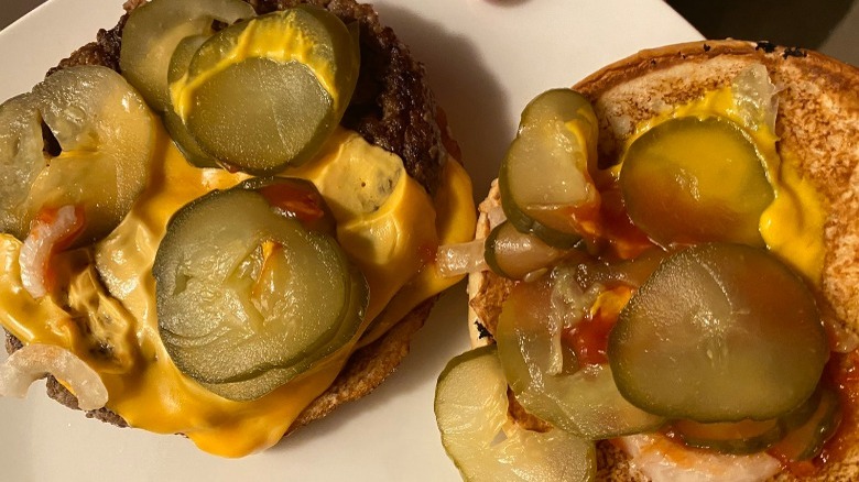 Pickles on a cheeseburger