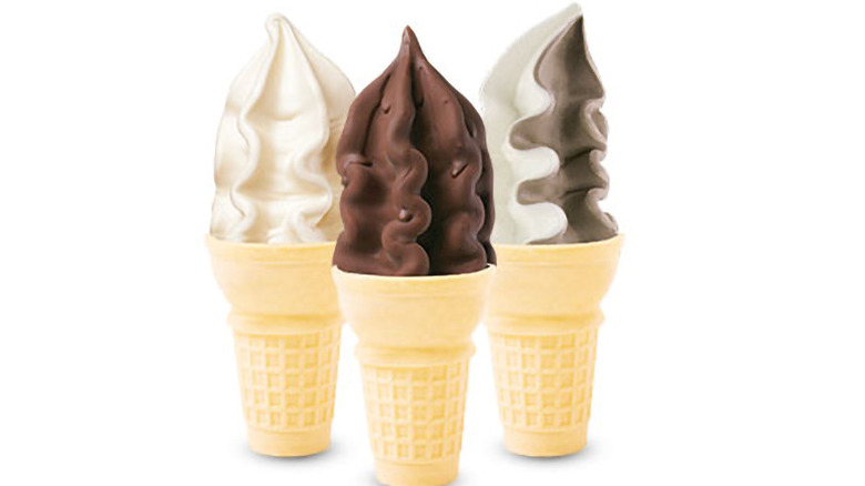 Chocolate, vanilla, swirl ice cream in cones