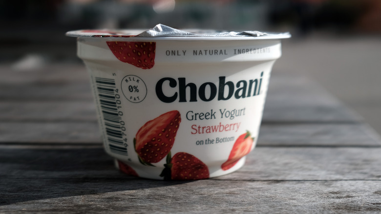 Chobani strawberry yogurt cup outside