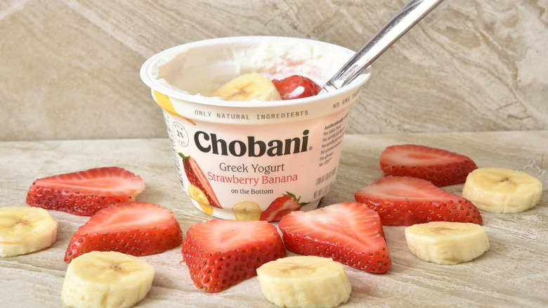 Chobani yogurt with strawberries and bananas