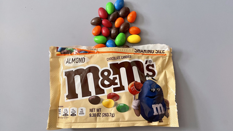 almond M&M's spilling out of bag