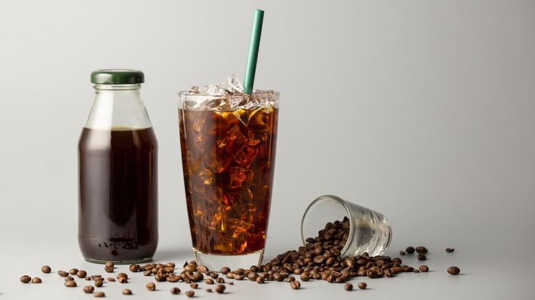 iced coffee, cold brew concentrate, coffee beans