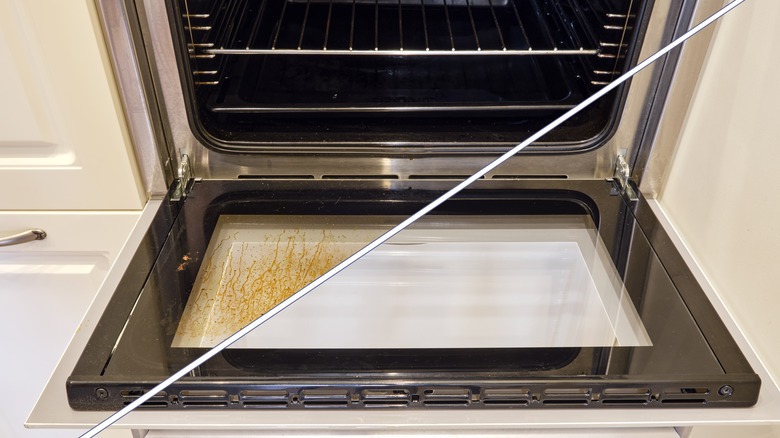 Dirty and clean oven before and after