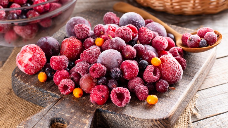 Frozen berries on a cutting board