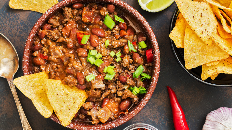 Chili in a bowl with tortilla chips