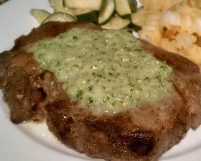 Rib-eye steaks with salsa verde