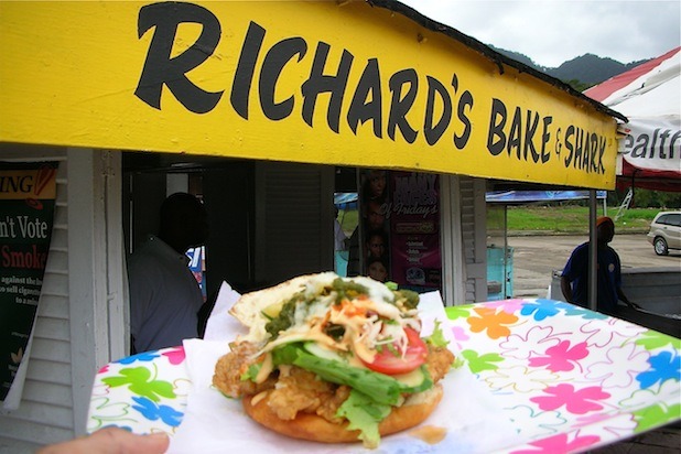 An assembled bake and shark sandwich.