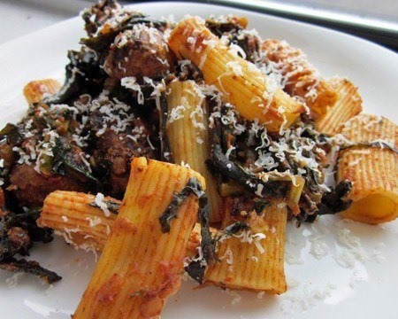 Rigatoni with Tuscan Kale, Black Trumpet Mushrooms, and Sausage