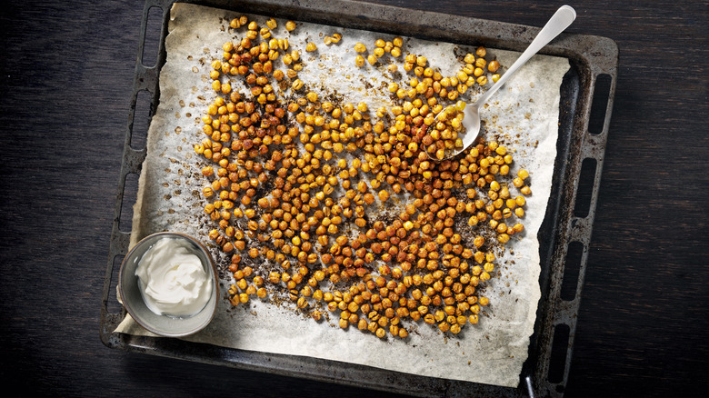 Roasted chickpeas on baking sheet