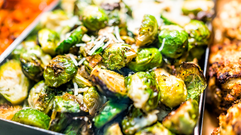 roasted Brussels sprouts on sheet tray 