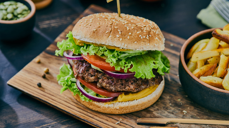 Coffee rubbed burger on a cutting board