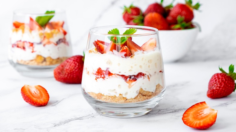 Strawberry cake trifle in glass