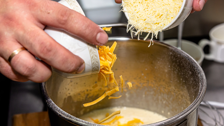 Adding cheeses to mornay sauce