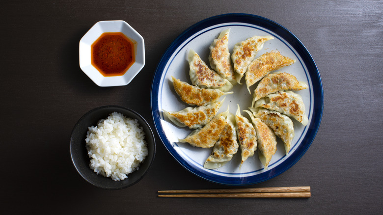 pork dumplings, rice, and sauce