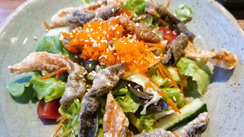 close up of salmon skin salad