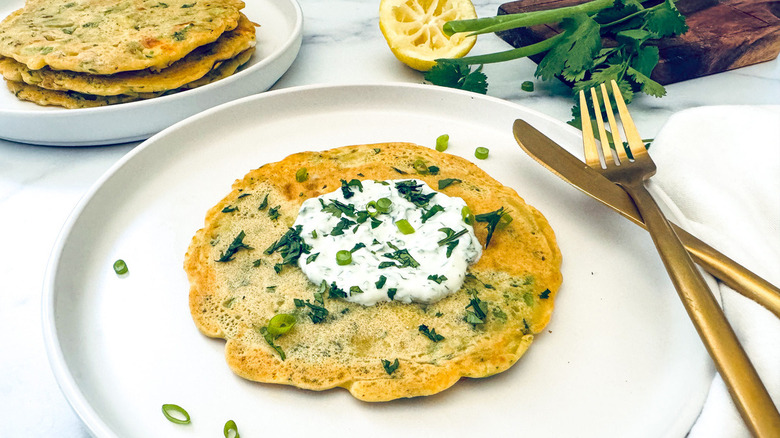 savory pancake with white topping