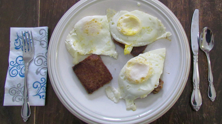 Plate of scrapple and eggs