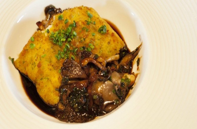 Potato Crusted Cod over Red Wine Sauce and Wild Mushrooms