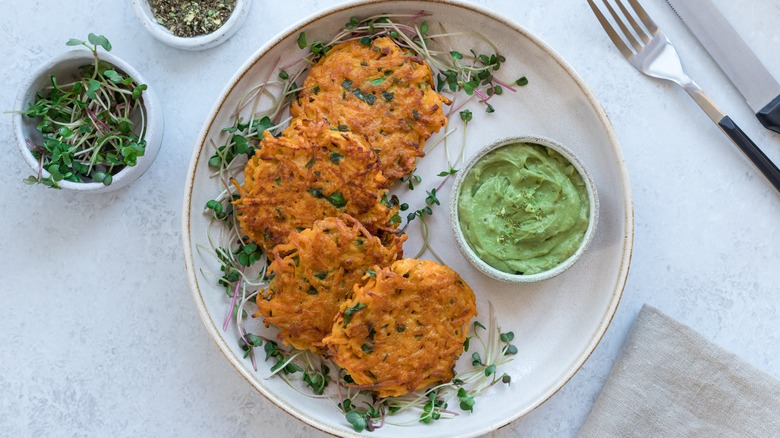 sweet potato fritters with green sauce