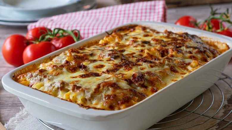 Pasta casserole in white dish