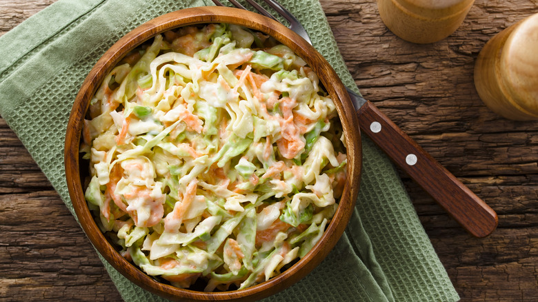 Coleslaw in a wooden bowl