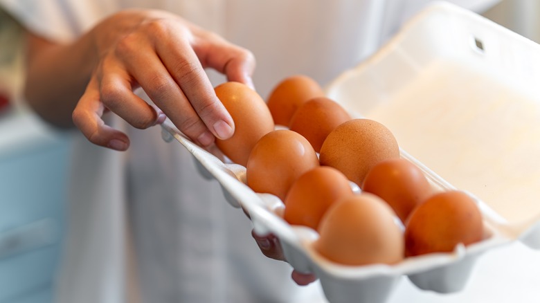 a person holding a carton of eggs