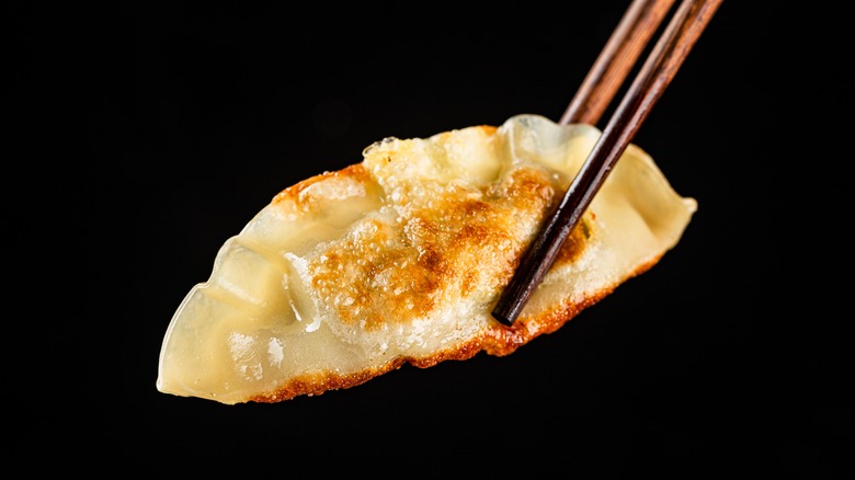 Dumpling held up by chopsticks