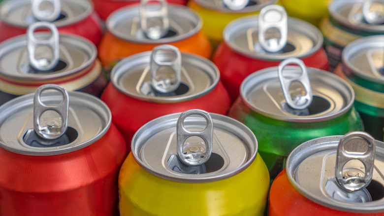 Colorful soda cans from the top