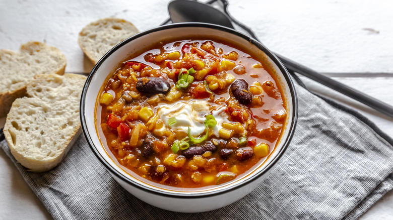 bowl of chili on dishtowel