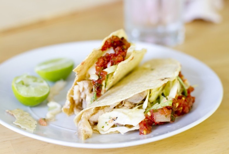 Marinated Fish Tacos With Goat Cheese Guacamole and Heirloom Tomato-Avocado-Watermelon Radish Salsa