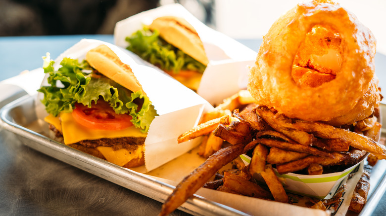 burgers fries and onion rings