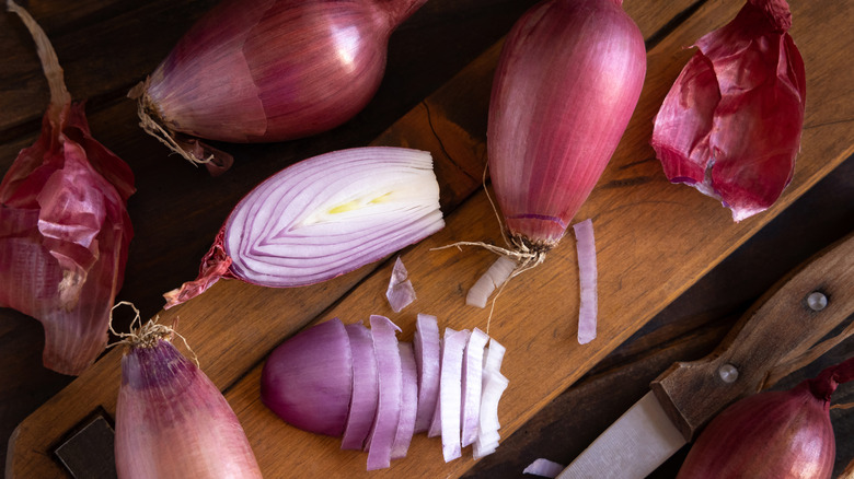 cut shallots on cutting board