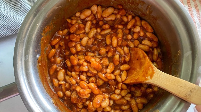 pot of simmering baked beans